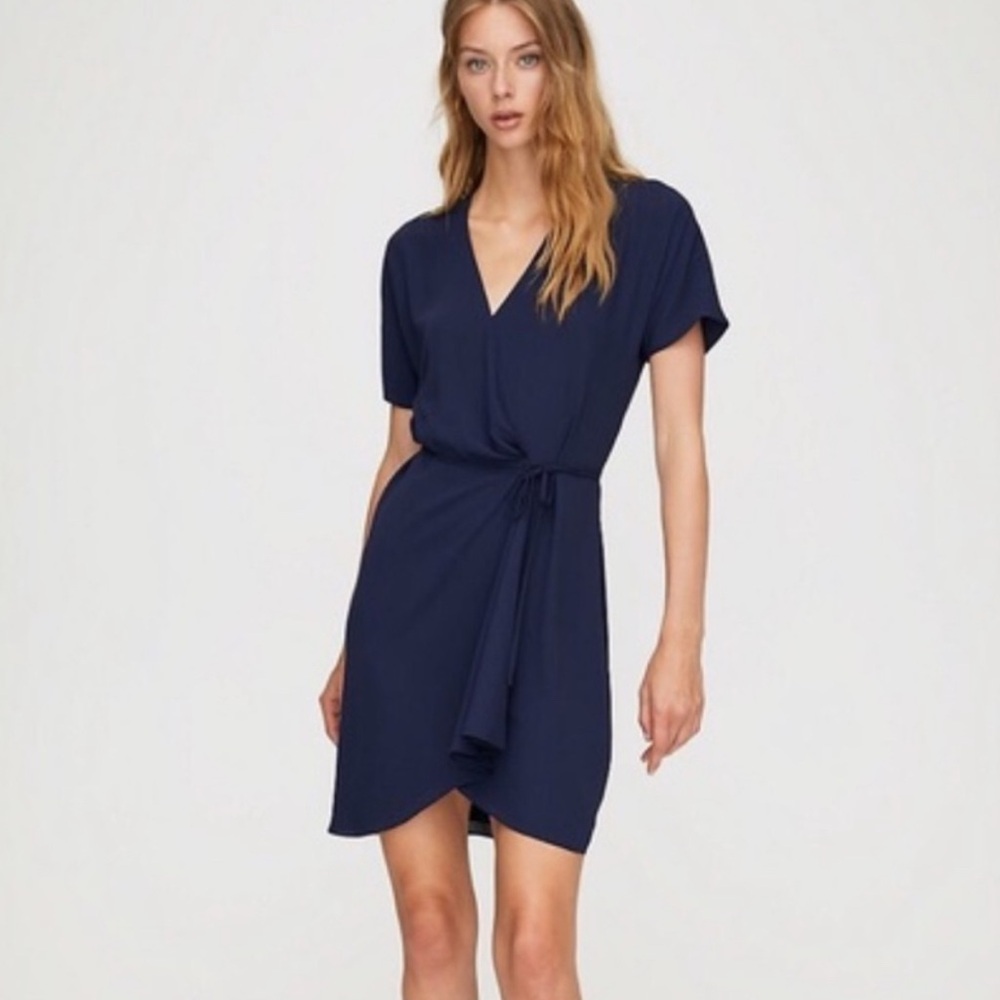 Babaton Navy Blue Wrap Dress | XS | Short Sleeve
